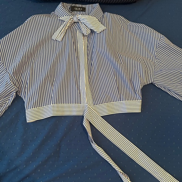 AKIRA Blue and White Striped Tie-Front Jumpsuit - Picture 3 of 4